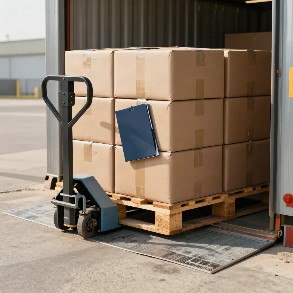 Loading dock parcels, pallet jack, and closed invoice folders in a cash-flow shipping scene.
