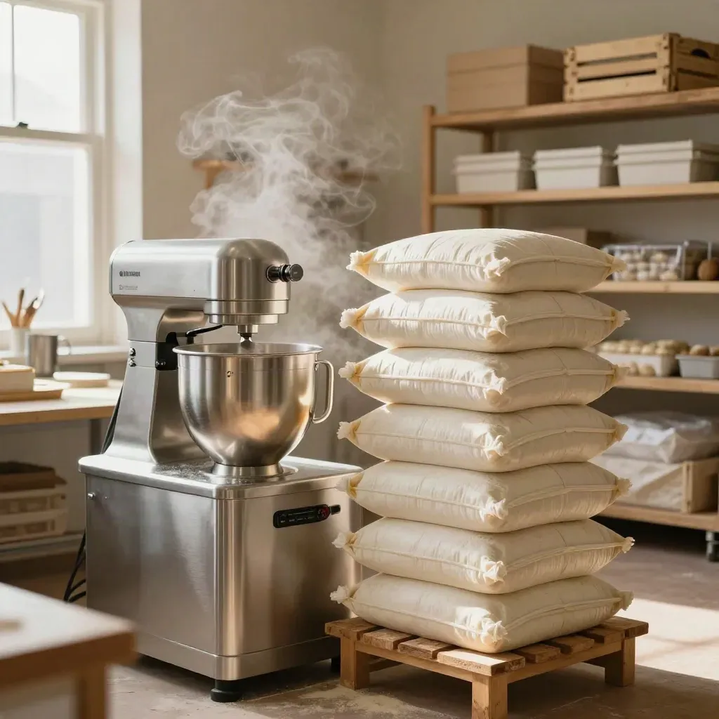 Microbakery prep room with mixer, flour sacks and pastry boxes in warm window light.