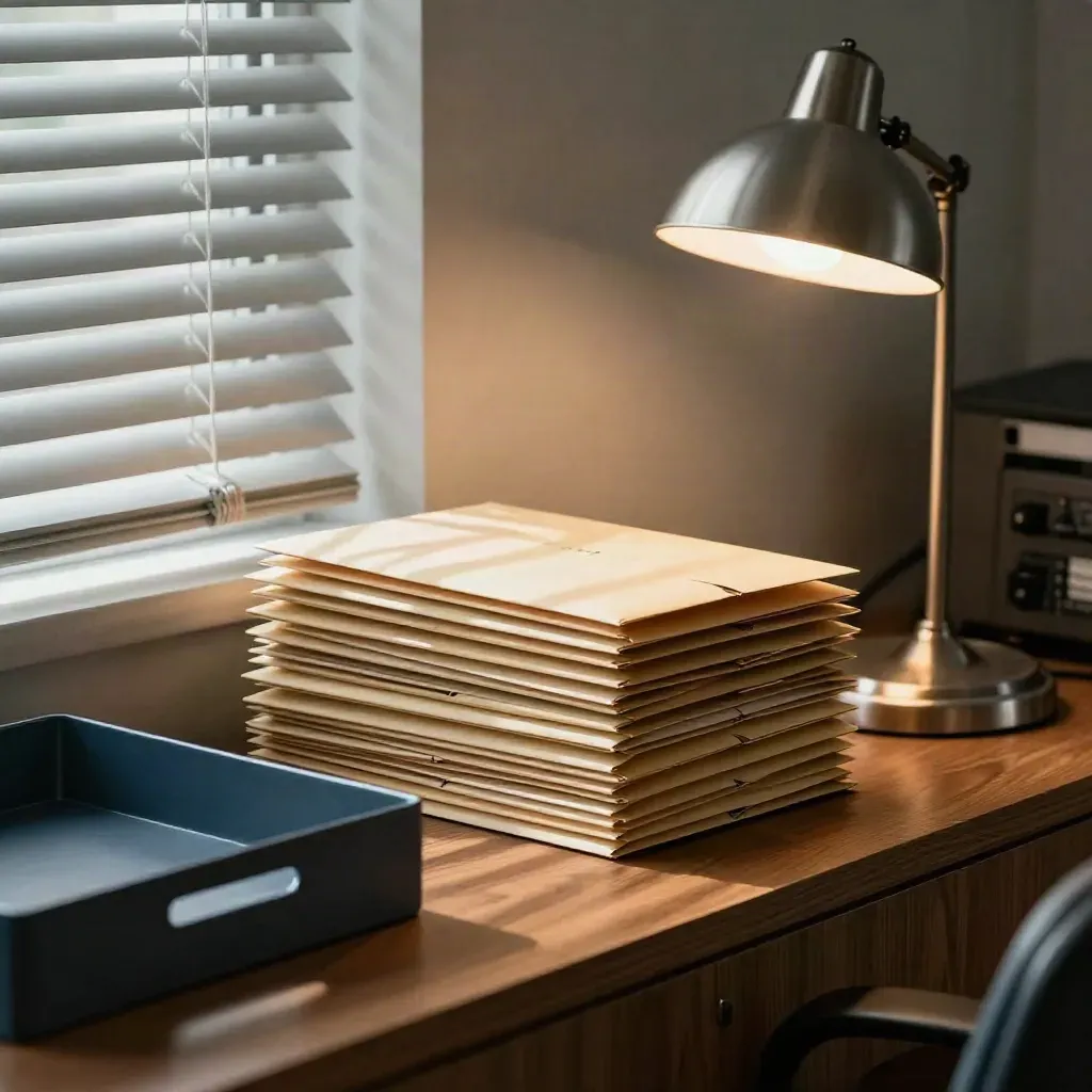 Quiet office corner with payroll envelopes and client folders under a glowing desk lamp.