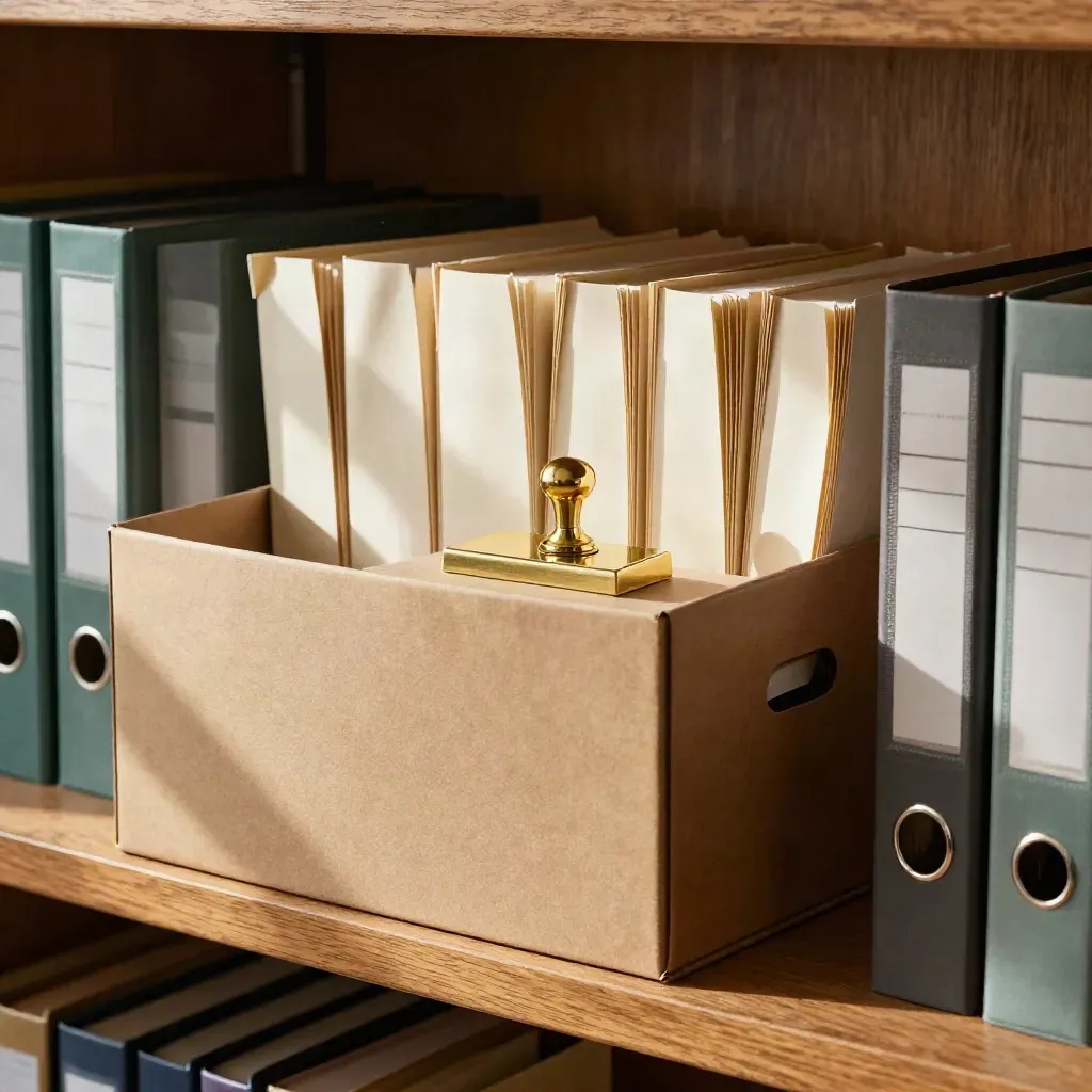 Open archive box with dividers, file sleeves and brass seal block on an oak shelf.