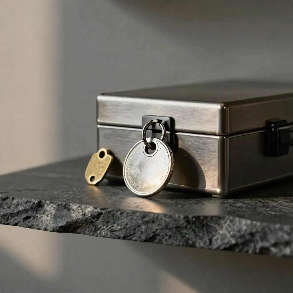 Key ring, metal seal, and closed cash box on a dark stone shelf in warm light.