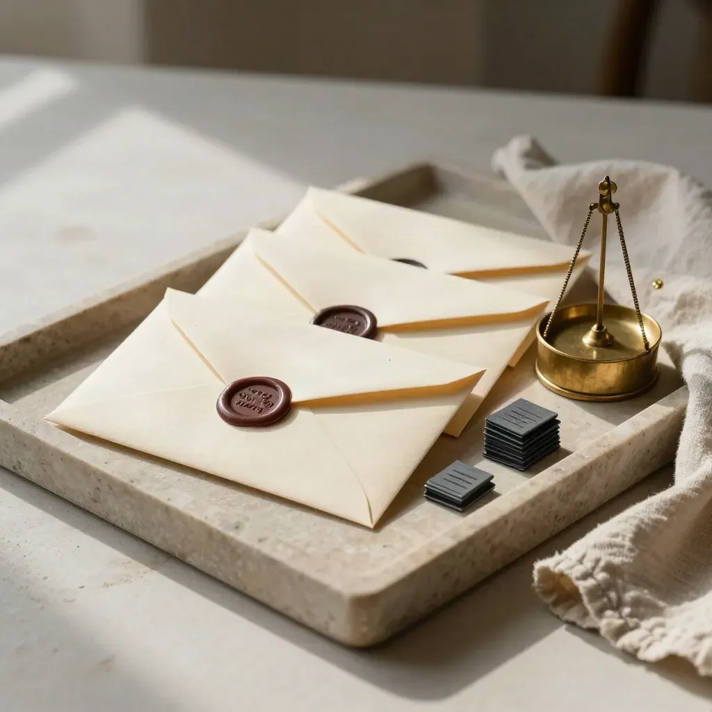 Three sealed envelopes, brass weight and approval clips on a limestone tray with linen cloth.