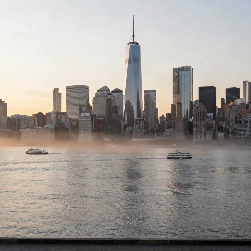 Hazy Lower Manhattan skyline over the Hudson with ferries and calm water